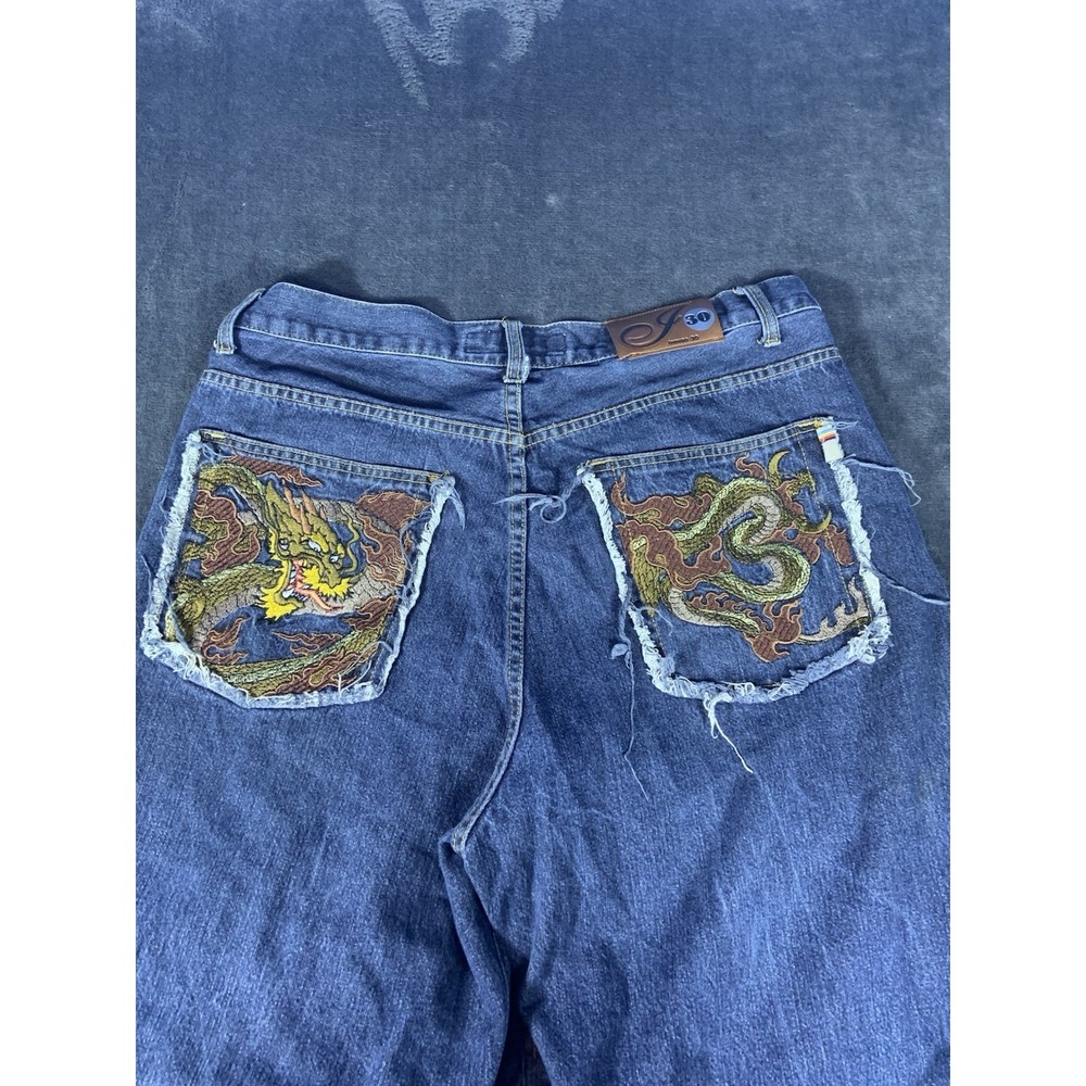 Y2K Indigo 30 Japanese Dragon Art Men's Blue Jeans Denim Size 36 Baggy
